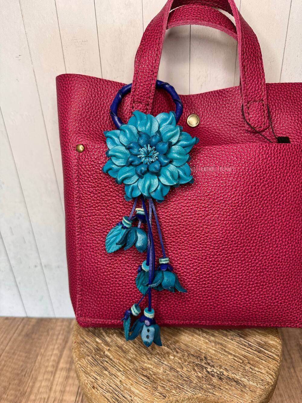 Blue Leather Purse Charm Blue Flower Charm Genuine Leather Dahlia Mum Bag Charm